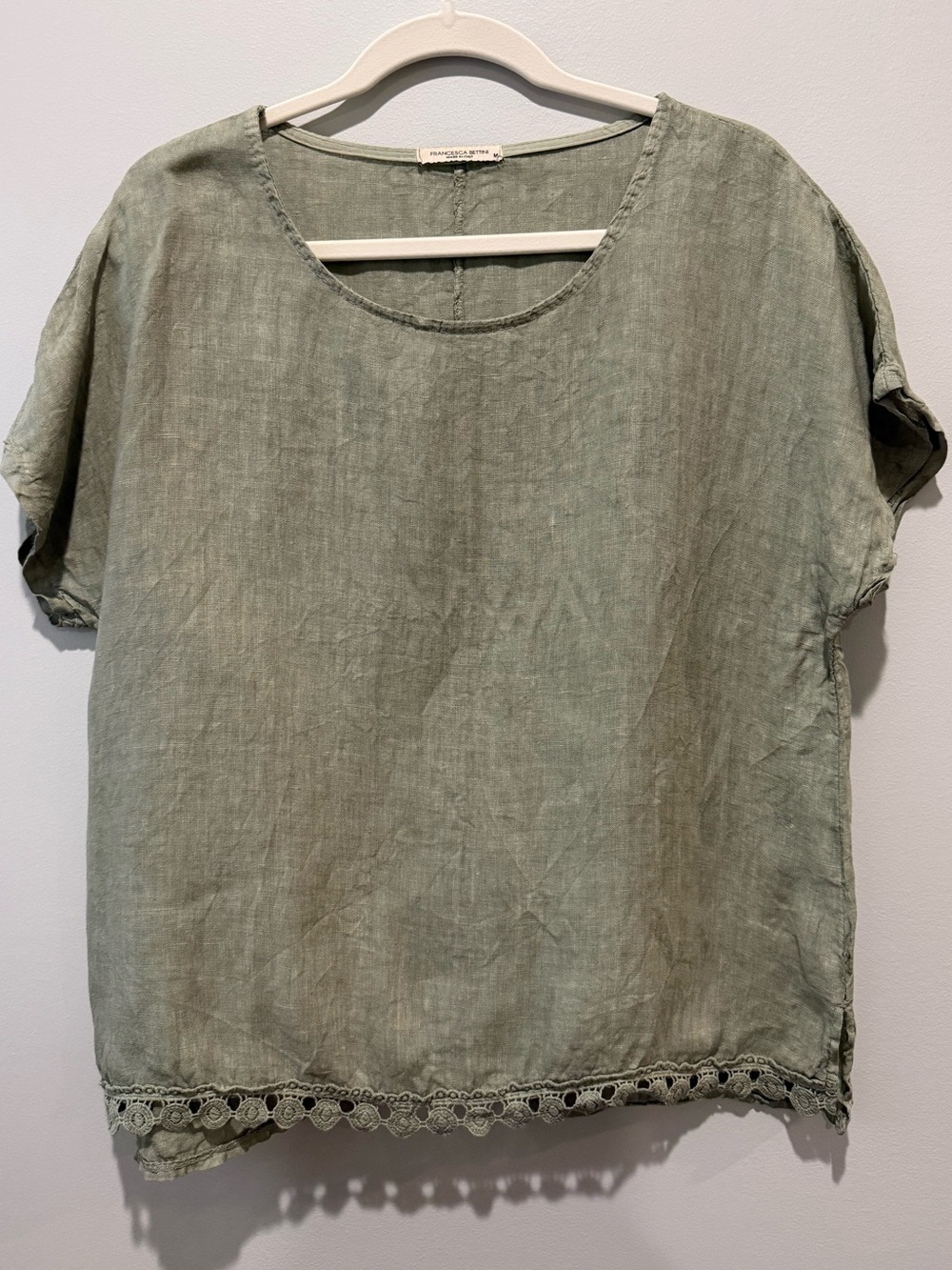 Francesca Bettini Sage Green 100% Italian Line Crochet Hem Blouse